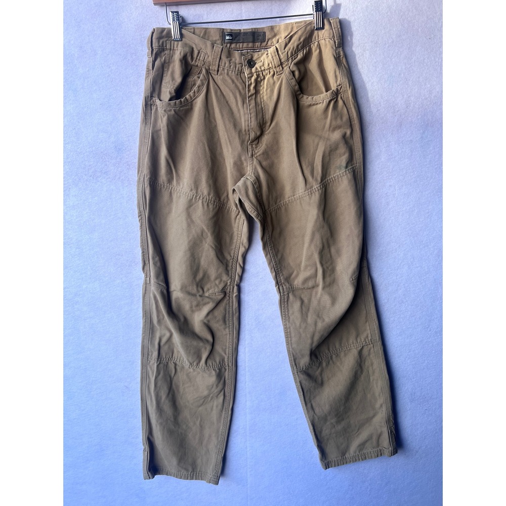 REI Co-op Mens 32x34 Tan Canvas Work Pants Articulated Knee Organic Cotton Khaki